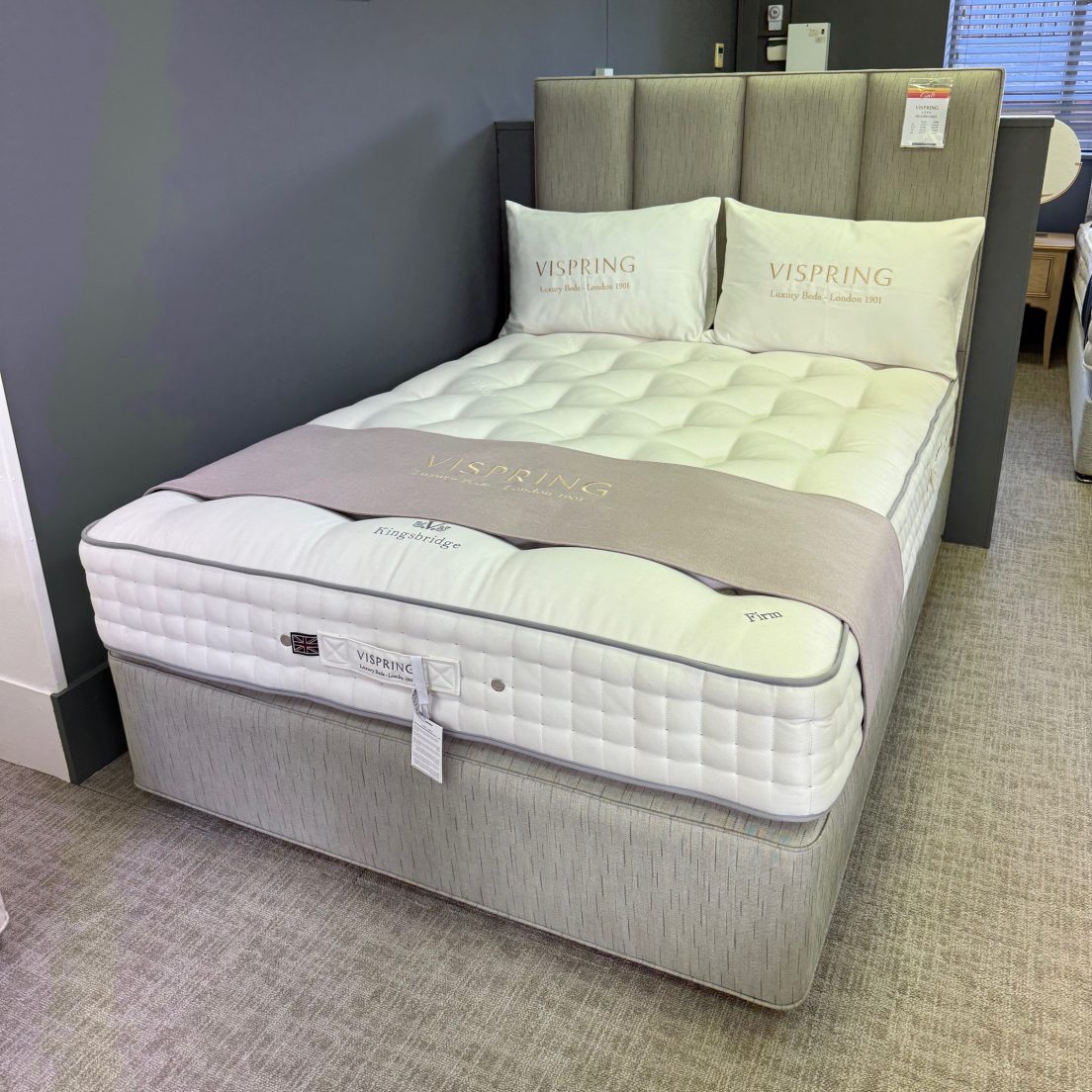 Half Price Vispring 4'6/Standard Double Kingsbridge Mattress, Divan Base & Ceto Headboard